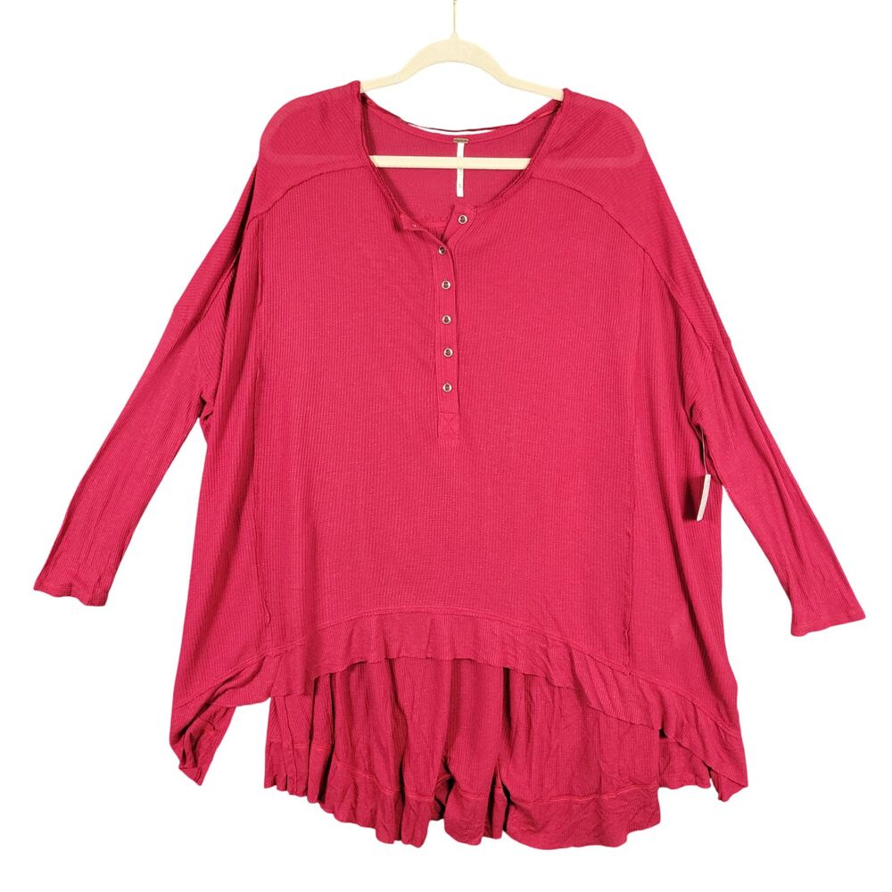 NWT FREE PEOPLE Red Waffle Knit Thermal Henley Dolman Top Boho SIZE MEDIUM